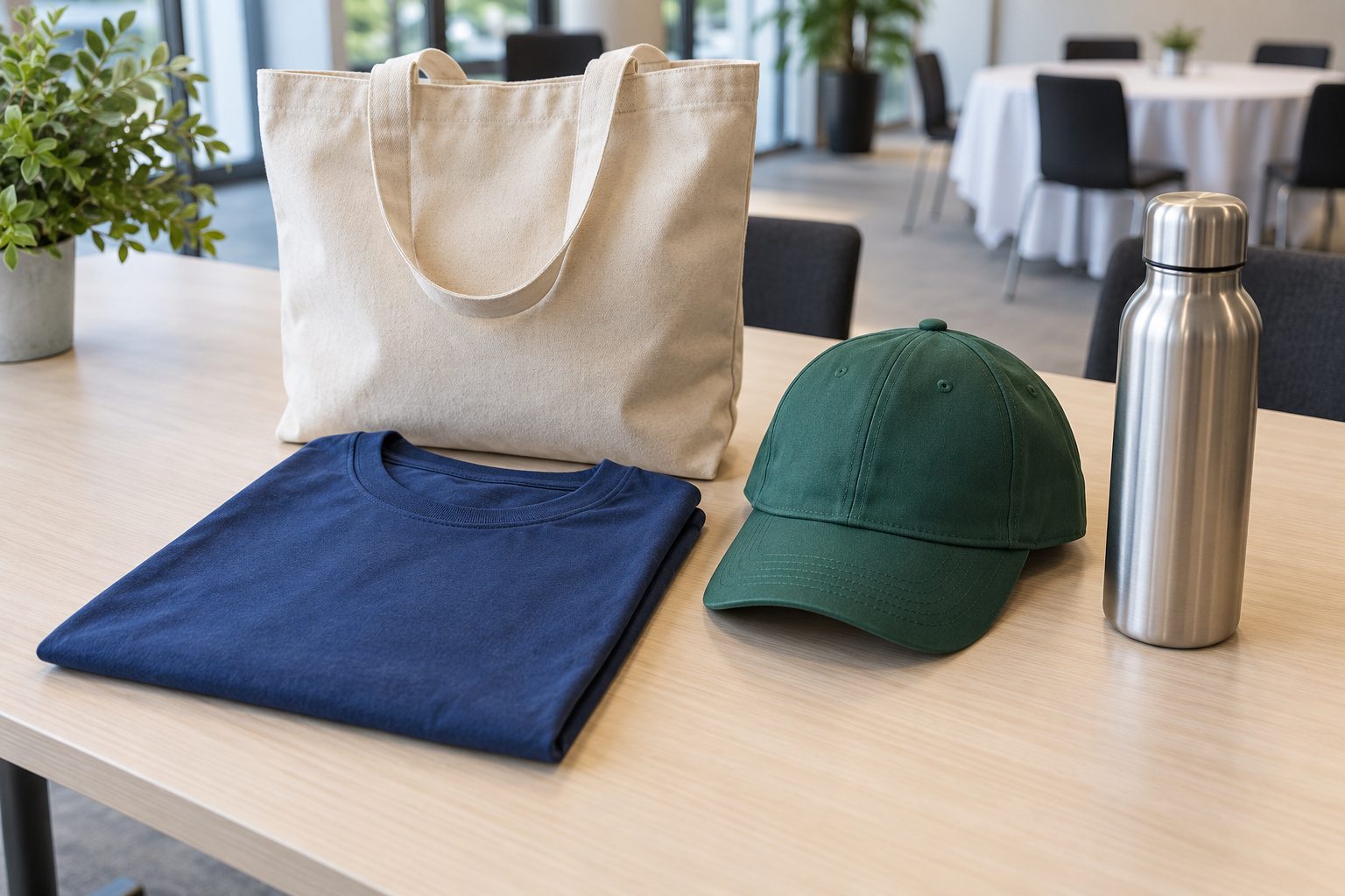 Camiseta azul doblada, bolsa de tela, gorra verde y botella de acero sobre una mesa para regalos de evento.