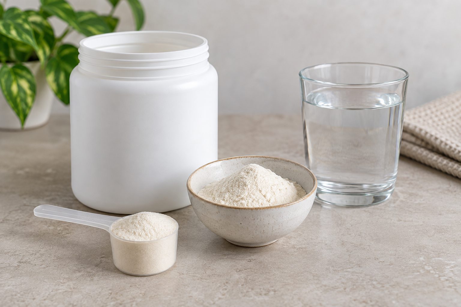 Suplemento en polvo y utensilios de dosificación Frasco sin etiqueta, polvo claro en un cuenco, cuchara dosificadora y vaso de agua sobre una superficie neutra